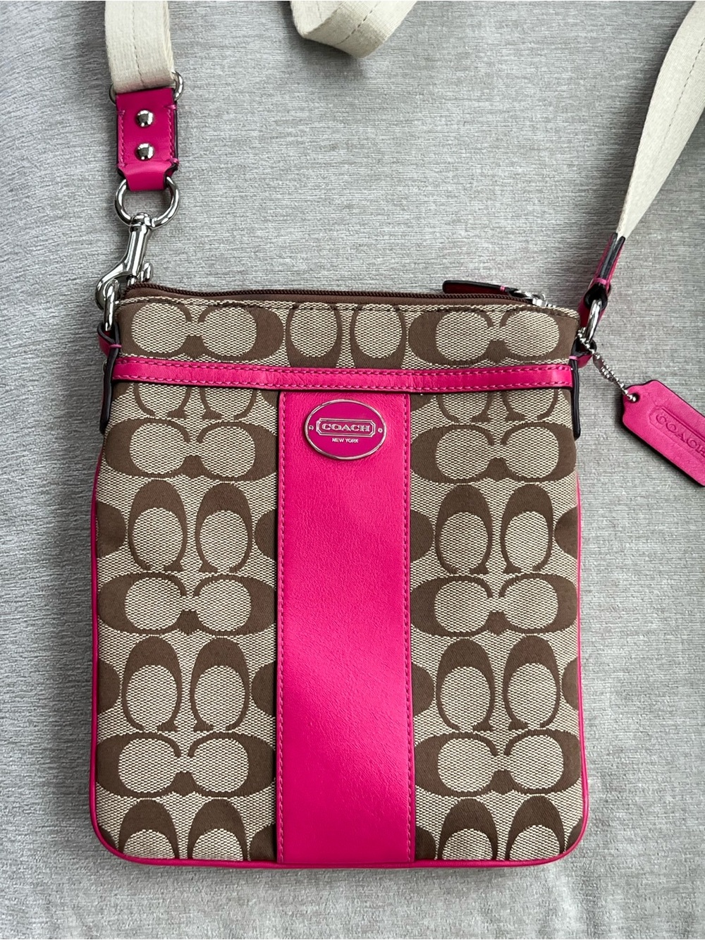Coach Brown Signature Crossbody with Hot Pink Leather Stripe